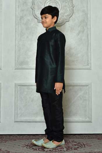 Shop_Petite Pomme_Green Silk Half Button Placket Plain Kurta _Online_at_Aza_Fashions