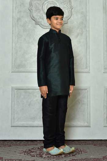 Petite Pomme_Green Silk Half Button Placket Plain Kurta _at_Aza_Fashions