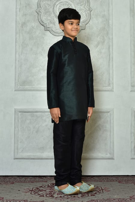 Shop_Petite Pomme_Green Silk, Denim Solid Kurta And Black Churidar Set _Online_at_Aza_Fashions