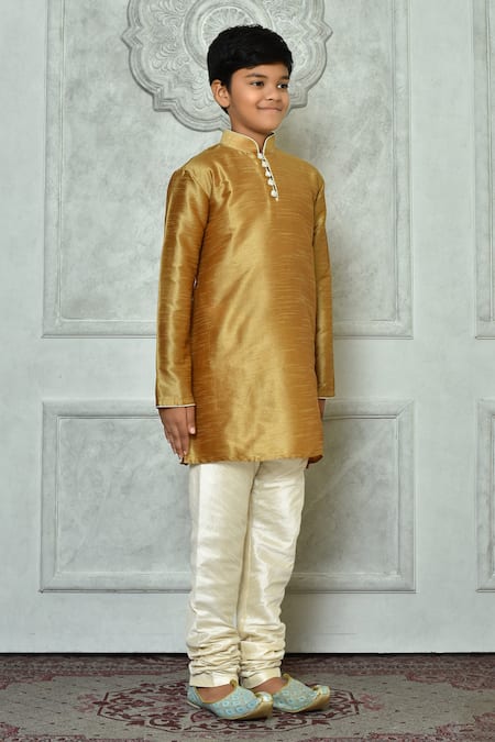 Shop Petite Pomme Brown Silk, Cotton Solid Kurta And Contrast Churidar Set Online at Aza Fashions Shop_Petite Pomme_Brown Silk, Cotton Solid Kurta And Contrast Churidar Set _Online_at_Aza_Fashions