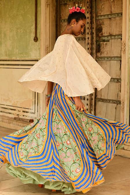 Shop_Swati Vijaivargie_Blue Silk Hand Embroidered Deewani Lehenga _Online_at_Aza_Fashions