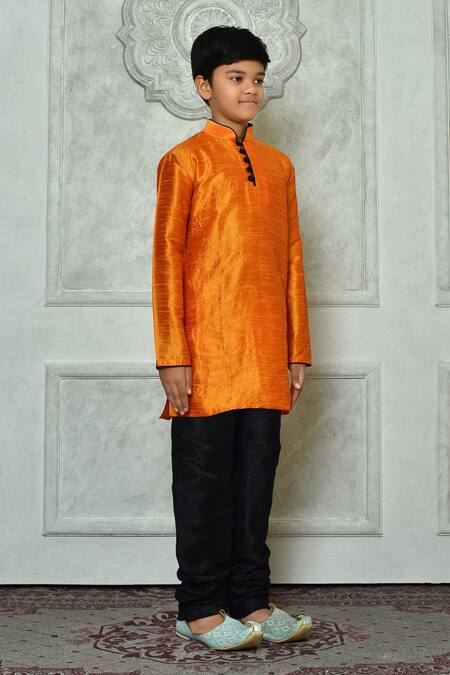 Petite Pomme_Yellow Silk Half Button Placket Solid Kurta _at_Aza_Fashions