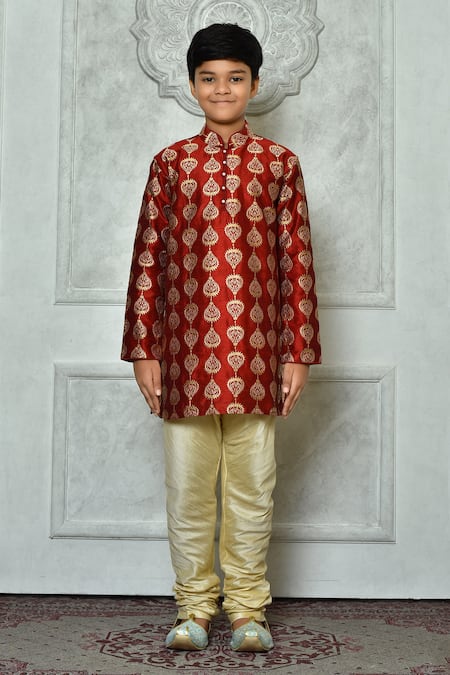 Shop_Petite Pomme_Red Silk, Cotton Embroidery Paisley And Leaf Kurta Set _Online_at_Aza_Fashions