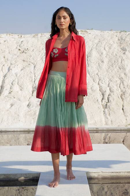 The Loom Art_Red Chanderi Silk Embroidery Shawl Neck, Button Down Shirt And Skirt Set _Online_at_Aza_Fashions