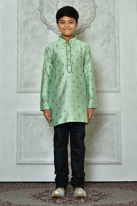 Shop_Petite Pomme_Green Polyester, Silk Embroidery Paisley Pattern Kurta And Churidar Set _Online_at_Aza_Fashions