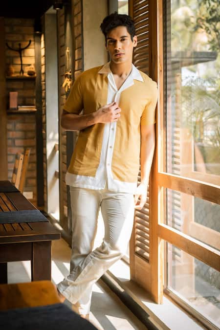 Buy_Vaani Beswal_Off White Handloom , Harin Color Blocked Shirt _Online_at_Aza_Fashions