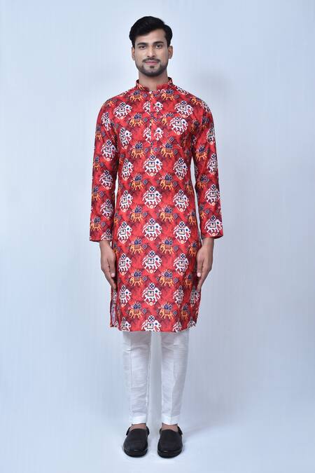Buy_Arihant Rai Sinha_Orange Cotton, Silk Embroidery Elephant Patola Print Kurta Set _Online_at_Aza_Fashions