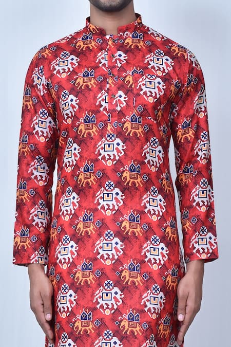 Shop_Arihant Rai Sinha_Orange Cotton, Silk Embroidery Elephant Patola Print Kurta Set _Online_at_Aza_Fashions
