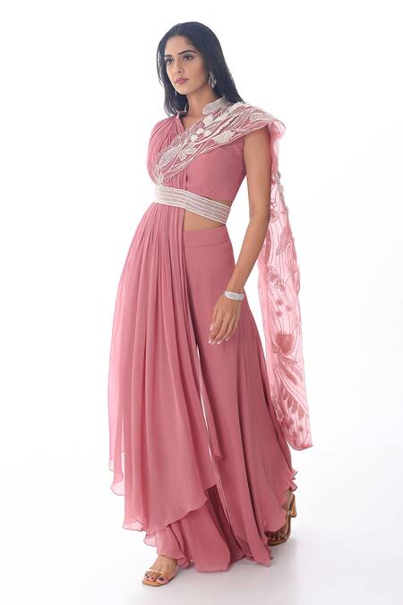 Buy_PIRI INDIA_Pink Georgette, Organza Embroidery Bandeau Neck Thread Blouse And Palazzo Set _Online_at_Aza_Fashions