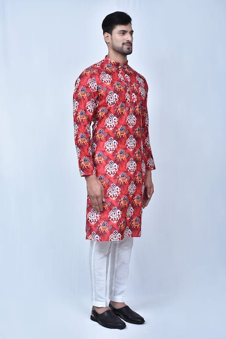 Arihant Rai Sinha_Orange Cotton, Silk Embroidery Elephant Patola Print Kurta Set _at_Aza_Fashions