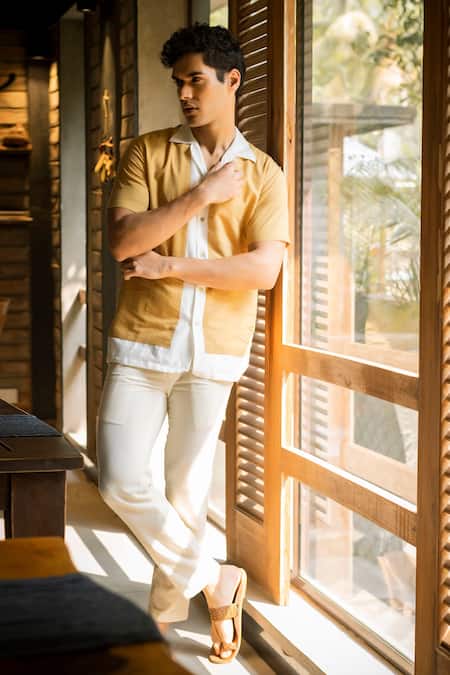 Shop_Vaani Beswal_Off White Handloom , Harin Color Blocked Shirt _Online_at_Aza_Fashions