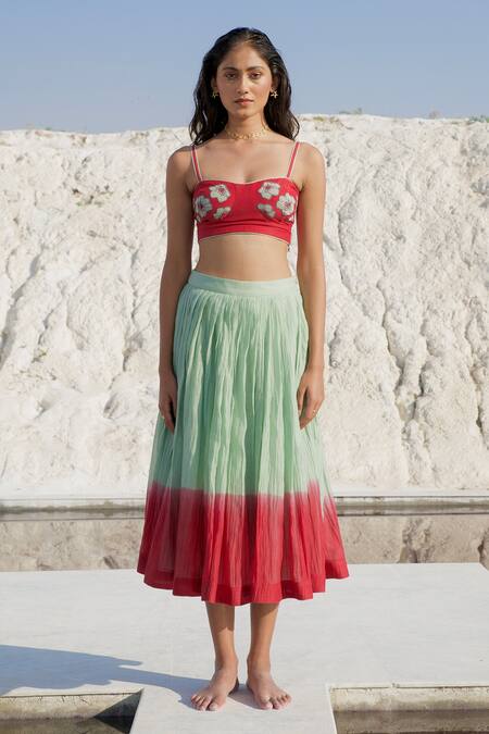 Buy_The Loom Art_Red Chanderi Silk Embroidery Shawl Neck, Button Down Shirt And Skirt Set _Online_at_Aza_Fashions