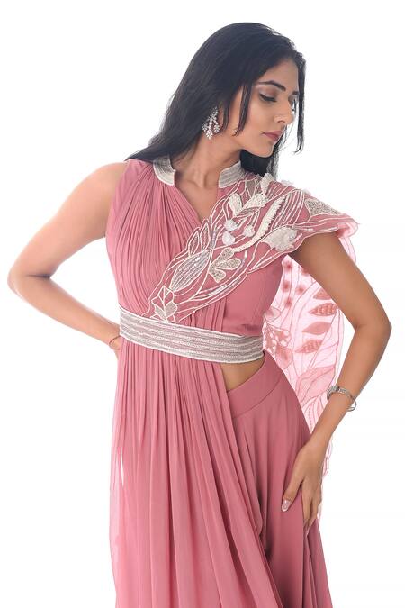 Shop_PIRI INDIA_Pink Georgette, Organza Embroidery Bandeau Neck Thread Blouse And Palazzo Set _Online_at_Aza_Fashions