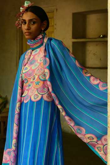 Swati Vijaivargie_Blue Silk Printed Floral Champa Striped And Dupatta _Online_at_Aza_Fashions