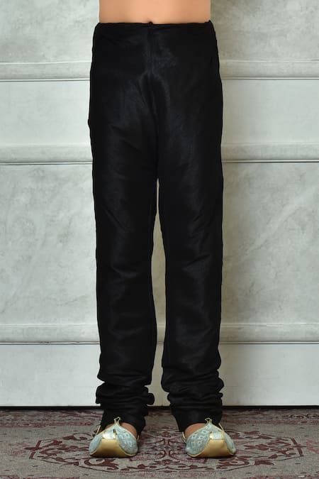 Petite Pomme_Green Silk, Denim Embroidery Mandarin Collar Kurta And Churidar Set _at_Aza_Fashions