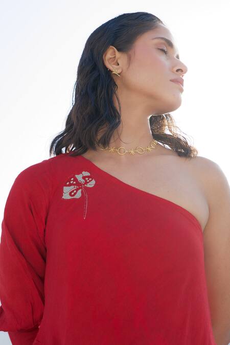 Buy_The Loom Art_Red Chanderi Silk Embroidery Asymmetric One Shoulder Bias Cut Dress _Online_at_Aza_Fashions