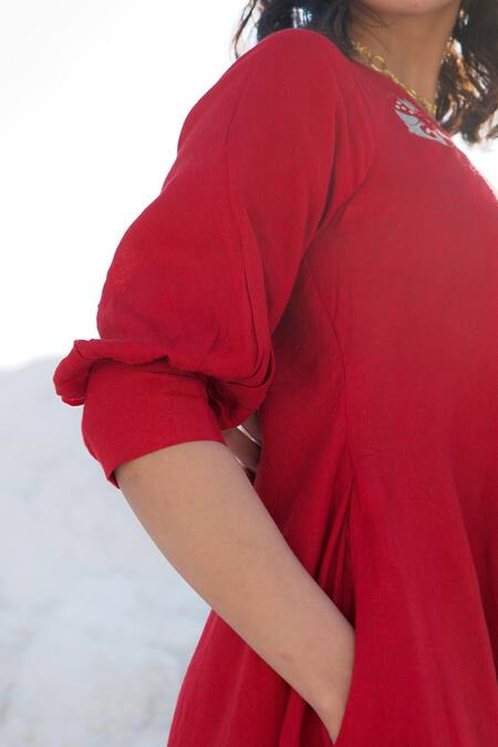 Shop_The Loom Art_Red Chanderi Silk Embroidery Asymmetric One Shoulder Bias Cut Dress _Online_at_Aza_Fashions