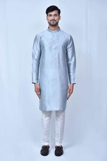 Shop_Arihant Rai Sinha_Blue Bamboo, Silk Pastel Plain Kurta And Pant Set _Online_at_Aza_Fashions