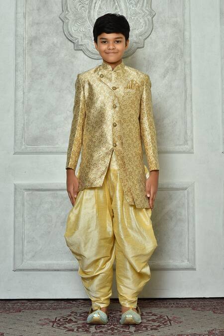Buy_Petite Pomme_Cream Jacquard, Silk Embroidery Floral Pattern Sherwani Set _Online_at_Aza_Fashions