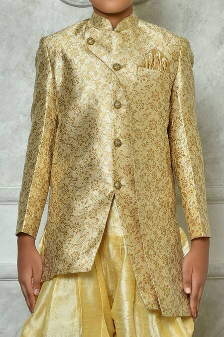 Shop_Petite Pomme_Cream Jacquard, Silk Embroidery Floral Pattern Sherwani Set _Online_at_Aza_Fashions