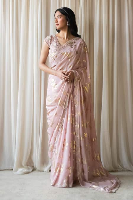 Pink Handwoven Maheshwari Silk Saree with Golden Border
