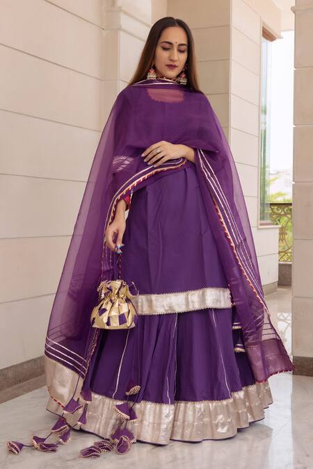 Buy_Pomcha Jaipur_Purple Gota Patti, Zari Border Round Neck Falguni Cotton Kurta Set_Online_at_Aza_Fashions