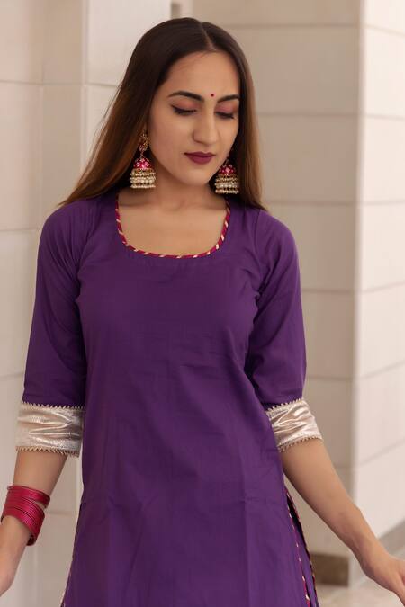 Pomcha Jaipur_Purple Gota Patti, Zari Border Round Neck Falguni Cotton Kurta Set_at_Aza_Fashions