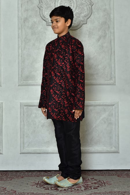Shop Petite Pomme Black Silk Embroidery Floral Paisley Kurta Online at Aza Fashions Shop_Petite Pomme_Black Silk Embroidery Floral Paisley Kurta _Online_at_Aza_Fashions