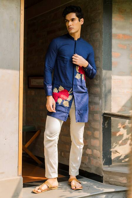 Vaani Beswal Blue Handloom Cotton Applique Aahil Handwoven Kurta Online at Aza Fashions Vaani Beswal_Blue Handloom Cotton Applique Aahil Handwoven Kurta _Online_at_Aza_Fashions