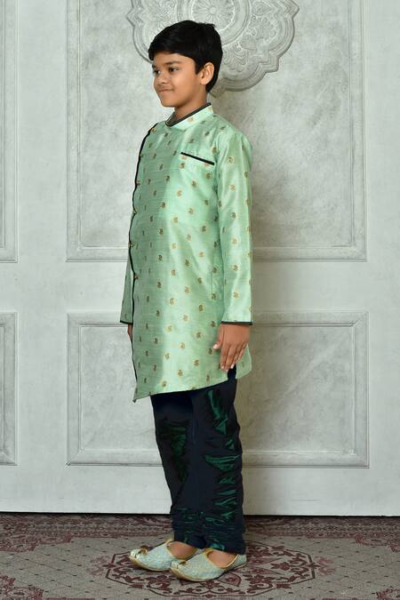 Shop_Petite Pomme_Green Polyester Embroidery Asymmetric Paisley Pattern Kurta _Online_at_Aza_Fashions