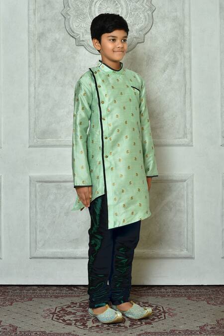 Petite Pomme_Green Polyester Embroidery Asymmetric Paisley Pattern Kurta _at_Aza_Fashions