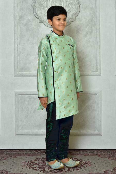 Petite Pomme_Green Polyester, Silk Embroidery Asymmetric Paisley Pattern Kurta And Churidar Set _at_Aza_Fashions