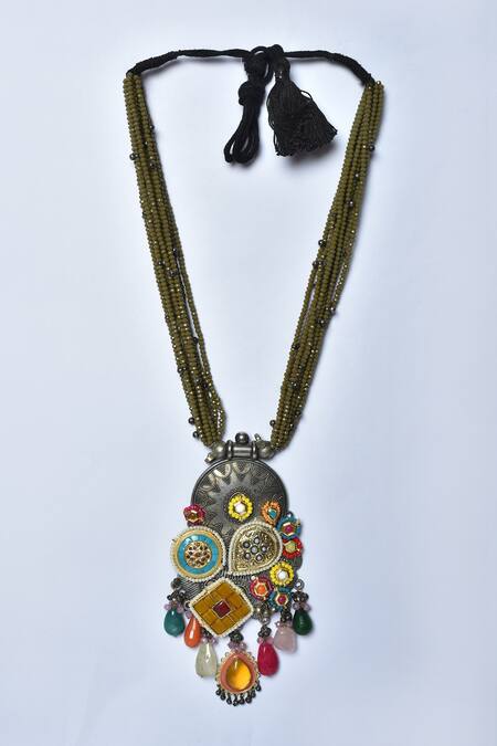 Kohar By Kanika_Green Semi Precious Stones Embellished Tribal Long Necklace_Online_at_Aza_Fashions