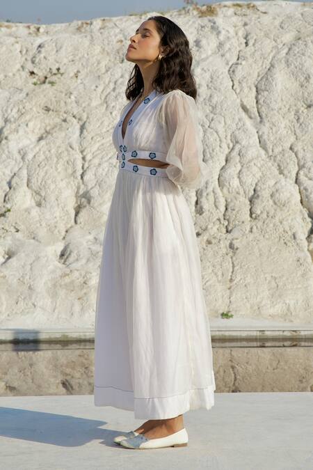 Buy_The Loom Art_White Chanderi Silk Embroidery V-neck Cut-out Dress _Online_at_Aza_Fashions