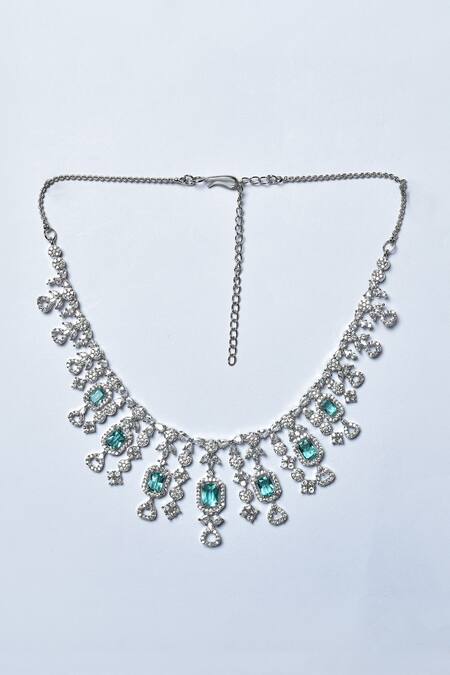 Kohar By Kanika_Blue Stone And Faux Diamond Embellished Necklace Set_Online_at_Aza_Fashions