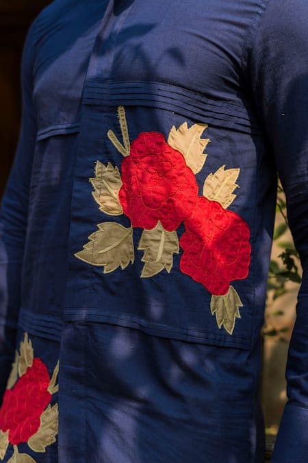 Shop Vaani Beswal Blue Handloom Cotton Applique Aahil Handwoven Kurta Online at Aza Fashions Shop_Vaani Beswal_Blue Handloom Cotton Applique Aahil Handwoven Kurta _Online_at_Aza_Fashions