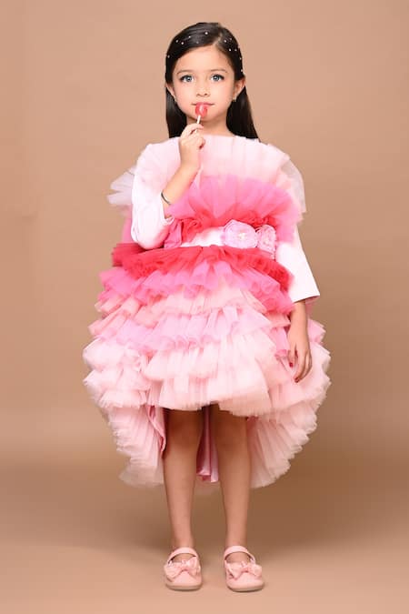 Hoity Moppet_Pink Tulle, Satin Ruffled Ombre High Low Dress _Online_at_Aza_Fashions