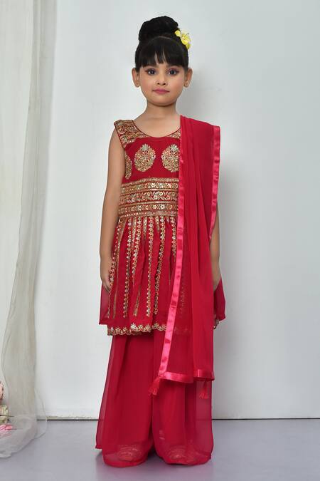 Petite Pomme_Pink Faux Leather Embroidery, Sequins, Tassels Resham Peplum Kurta Sharara Set_Online_at_Aza_Fashions