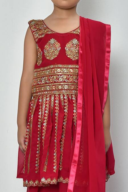 Petite Pomme_Pink Faux Leather Embroidery, Sequins, Tassels Resham Peplum Kurta Sharara Set_at_Aza_Fashions