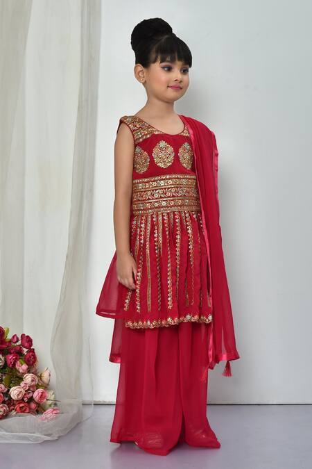 Buy_Petite Pomme_Pink Faux Leather Embroidery, Sequins, Tassels Resham Peplum Kurta Sharara Set_Online_at_Aza_Fashions