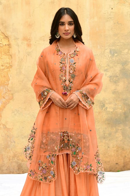 Label Niti Bothra_Peach Silk, Brocade Embroidery Round Neck Blooming Flower Kurta And Sharara Set _Online_at_Aza_Fashions