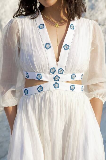 Shop_The Loom Art_White Chanderi Silk Embroidery V-neck Cut-out Dress _Online_at_Aza_Fashions