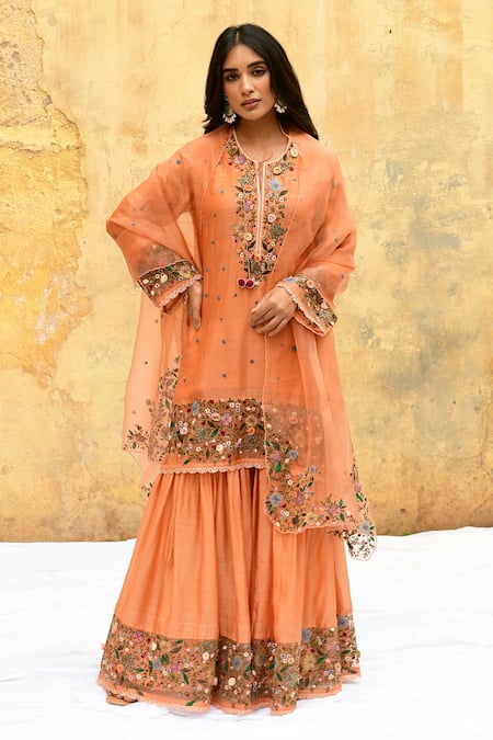 Buy_Label Niti Bothra_Peach Silk, Brocade Embroidery Round Neck Blooming Flower Kurta And Sharara Set _Online_at_Aza_Fashions