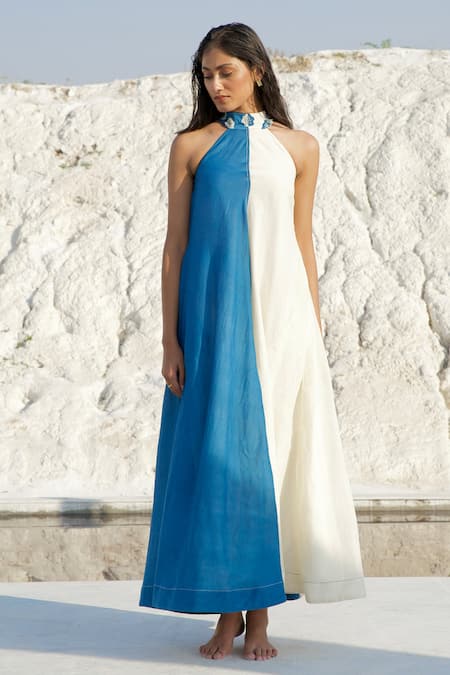The Loom Art_Blue Chanderi Silk Embroidery Turtle Neck Colorblock Dress _Online_at_Aza_Fashions