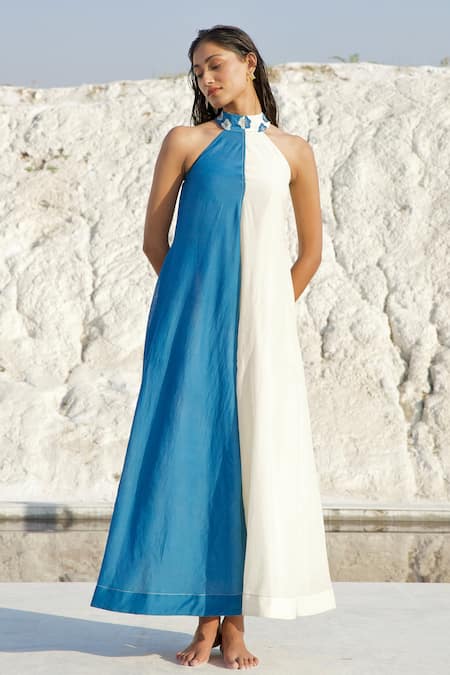 Buy_The Loom Art_Blue Chanderi Silk Embroidery Turtle Neck Colorblock Dress _Online_at_Aza_Fashions