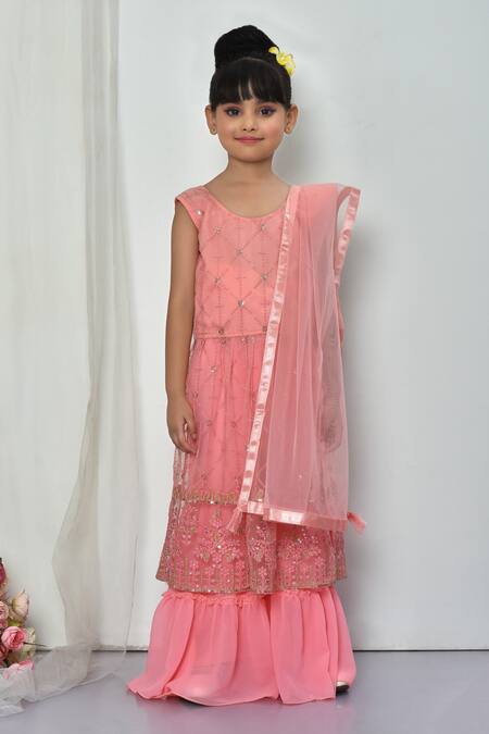 Petite Pomme_Pink Georgette, Net, Faux Leather Embroidery, Thread And Work Kurta Sharara Set_Online_at_Aza_Fashions