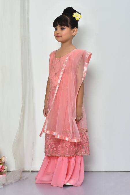 Buy_Petite Pomme_Pink Georgette, Net, Faux Leather Embroidery, Thread And Work Kurta Sharara Set_Online_at_Aza_Fashions