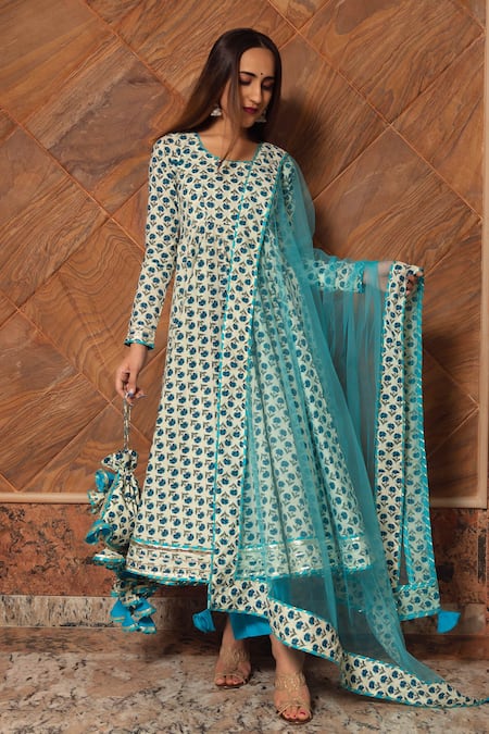 Pomcha Jaipur_Blue Floral Round Neck Anokhi Cotton Calico Print Anarkali Set _Online_at_Aza_Fashions