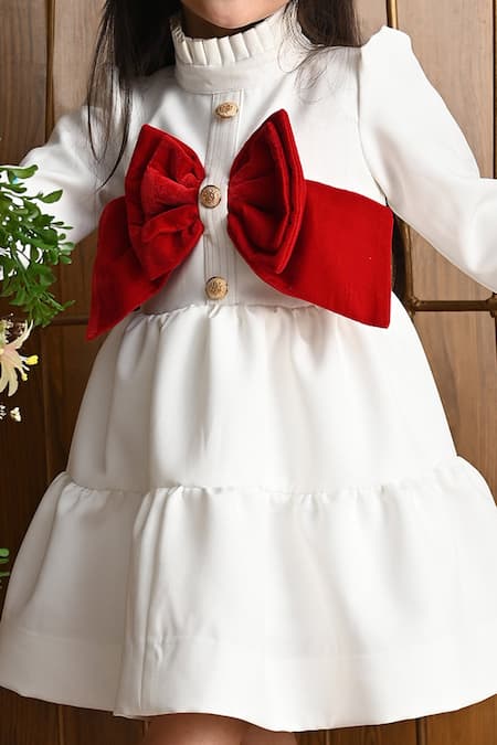 Hoity Moppet White Velvet, Crepe, Satin Bows, Embroidery Tiered Dress Online at Aza Fashions Hoity Moppet_White Velvet, Crepe, Satin Bows, Embroidery Tiered Dress _Online_at_Aza_Fashions