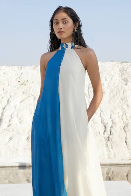 The Loom Art_Blue Chanderi Silk Embroidery Turtle Neck Colorblock Dress _at_Aza_Fashions